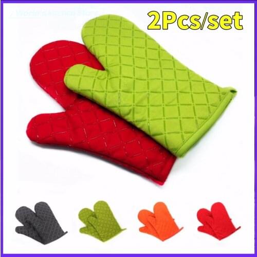 2 pcs Kitchen Oven Mitts With Non-Slip Silicone Printed Cotton Glove 1 Pair of Heat Resistant Cooking Baking Grilling Tools