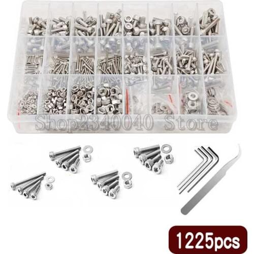 Stainless Steel Hexagonal Screws 1225pcs Full-Thread Cylinder Screws with Nuts and Washers Hexagonal Thread Screws M2 M3 M4 M5