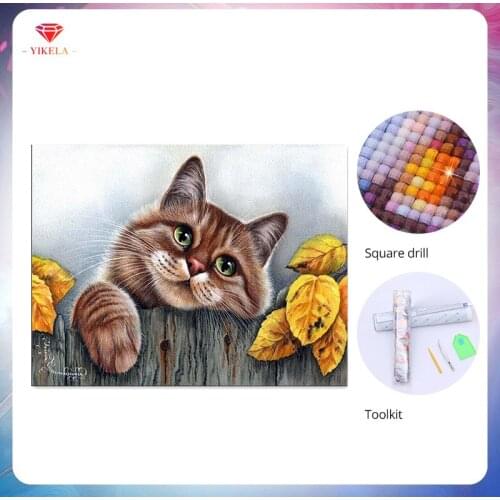 YIKELA DIY Square Drill 5D Wall Animal Cat Diamond Painting Cross Stitch Mosaics Full Cover Embroidery Diamond Accessories Kit