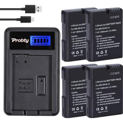 PROBTY 4Pcs EN-EL14 ENEL14 EN EL14 + USB LCD Charger For Nikon D3100 D3200 D5100 D5200 DF P7000 P7100 P7200 P7700 P7800 Camera