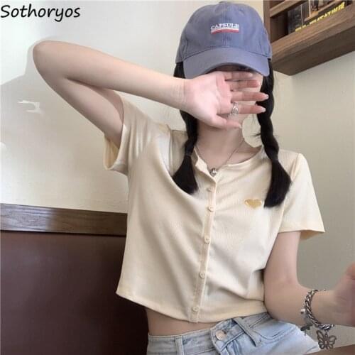 Women Short Sleeve T-shirts Heart Embroidery Summer Crop Tops Skim Skinny Button Up Girls Sweet Casual Clothing All-match Korean