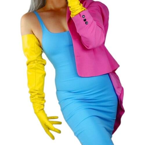 Women PU Gloves Extra Long Leather Gloves Female 35'' 90cm Faux Leather Banana Yellow Emulation Sheepskin Party Evening PU332