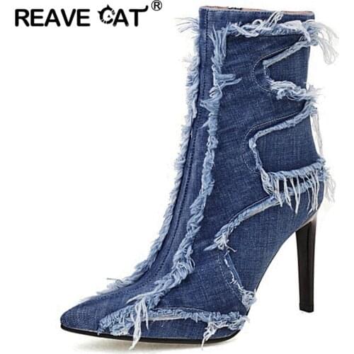 ASILETO 2021 New Autumn Design Ripped Denim Ankle Boots Pointed Toe Stiletto High Heel Zip Fur inside Small Size 33-45 S2478