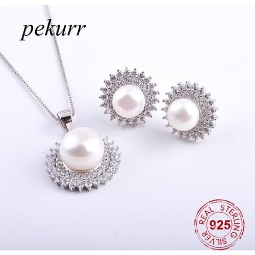 Pekurr 925 Sterling Silver Scorching Bright Sun Freshwater Natural Pearl Earrings Necklace Sets For Women Zircon Pendants Sets