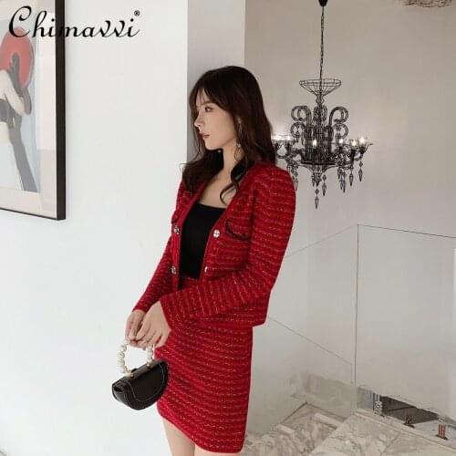 2021 Fall Womens Clothing 2 Piece Set Red Sweaters Cardigan Short Tops High Waist Skirts Fashion Elegant Outfit Outfit Feminine