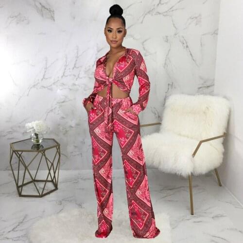 2021 Best Quality Famous Brand 2 pcs Women Set Luxury Print Turn-down Collar Blouse and Long Pants Office Lady Outfits