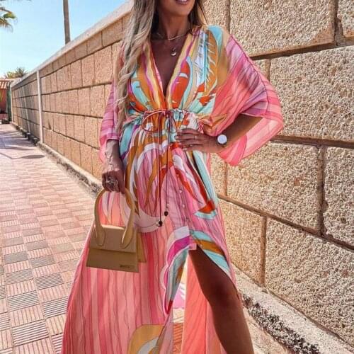 Womens Summer Retro Print Dresses Split Flowy Tunic Maxi Dress 2021 Deep V-Neck Beach Evening Party Dresses Sundress vestidos