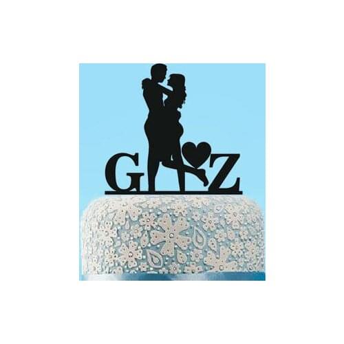 Glitter Wedding Cake Topper Couple Silhouette Personalized Initials for hugging Bride and Groom