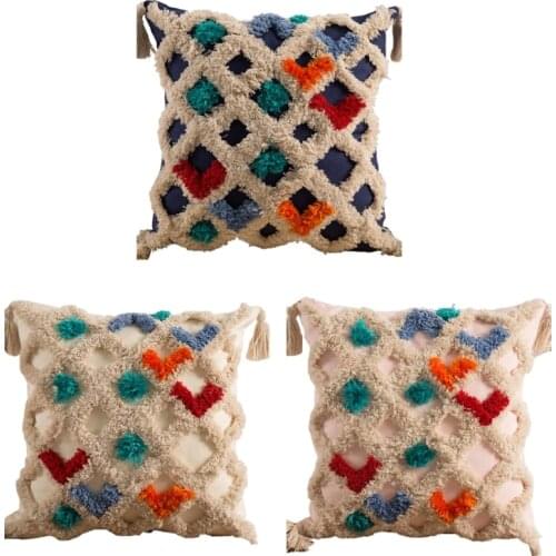Boho Woven Tufted Multicolor Throw Pillow Case with Tassel Textured Geometric Argyle Plaid Pattern Square Cushion Cover for