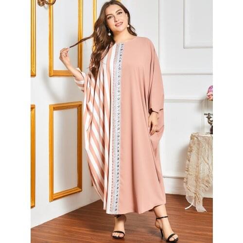 Large Oversized Loose Pink Striped Stitched Print Bat Sleeve Robe Long sleeved Muslim Dress Women Abaya Dubai New Maxi Modern