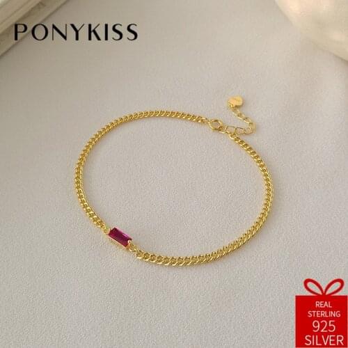 PONYKISS Romantic 100% 925 Sterling Silver Chic Red Zircon Bracelets For Women Fine Jewelry Accessories Party Birthday Gift