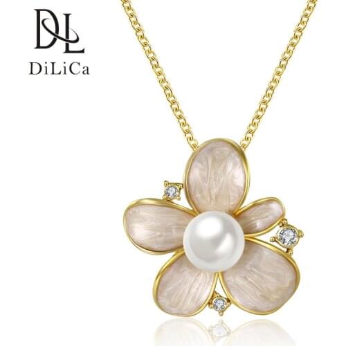 DiLiCa Elegant Womens Gold Silver Plated Necklace Imitation Pearl Flower Pendant Necklace Lady Charms Chain Necklace Jewelry
