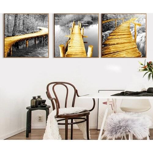 HAOCHU Gold Bridge To Forest Black White Photograph Realist Canvas Wall Art Painting Triptych Sitting Room Corridor Home Decor
