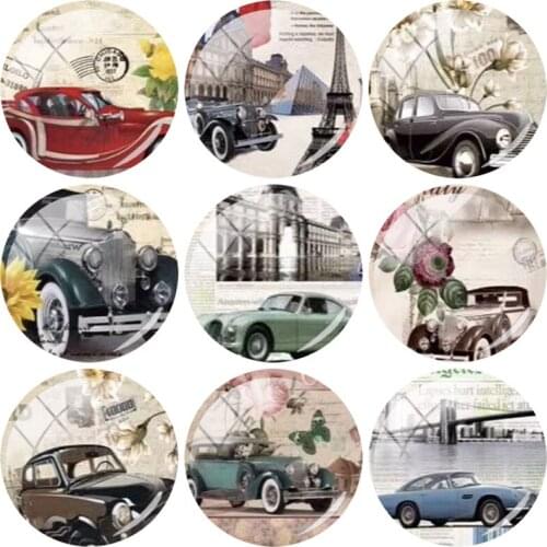 JOINBEAUTY Antique Car Eiffel Tower Pattern Round Glass Cabochons Dome DIY Travel Souvenirs Jewelry Accessories Making FG179