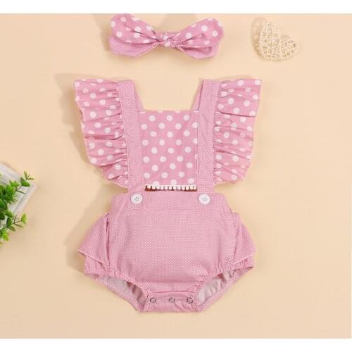 Cute Sweet Girls Romper Summer Pink Square Collar Sleeveless Dot Print Rompers Headdress Two-piece Clothes Set for 0-24Months