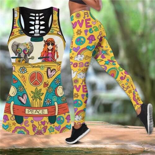 Hippie Girl With Elephant Combo Outfit Leggings and Hollow out Tank Top Suit Yoga Fitness Soft Legging Summer Women For Girl