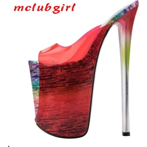 Mclubgirl Round Toe Fish Toe Color Matching Light Super High Thin Heel Transparent Glass Large Size 34-43 Women Shoe Sexy MJL