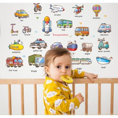 Cartoon Cars Home Decor for Kids Rooms English Name Transportation Wall Stickers PVC Vinyl Art Design Wall Decals Wallpapers