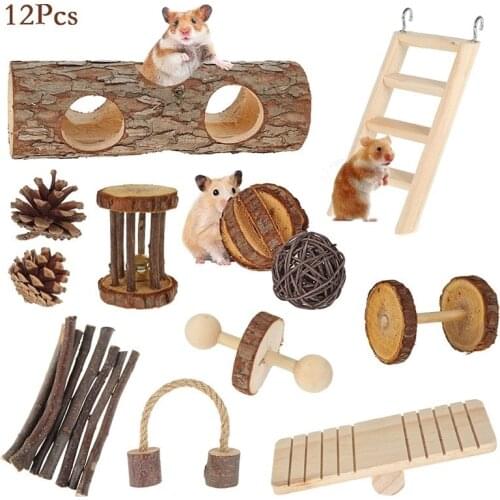 12PCS Natural Wood Hamster Toy Set Mini Exercise Chew Teeth Care Molar Chewing Toy Small Pet Products for Rabbit Chinchilla