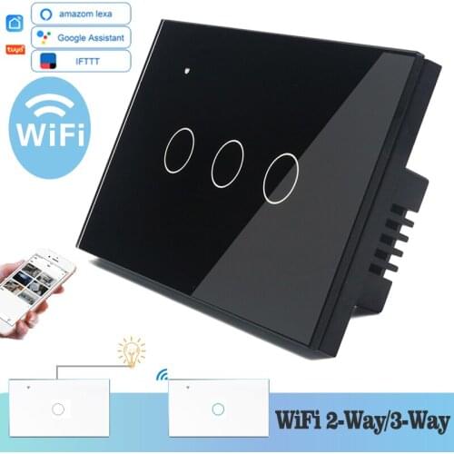 WIFI Touch Light Wall Switch Black Glass Blue LED 118*72mm Smart Home Phone Control 3Gang 2Way Round Alexa Google Home Alice