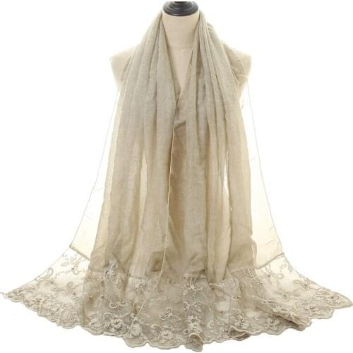 New arrival lace embroidered cotton scarf hijab plain floral shawl pearl muslim women headband turban large size Islam scarves