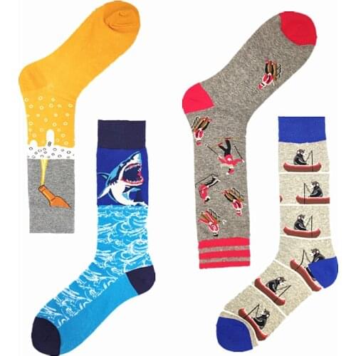 A pair mid-tube autumn and winter cotton male socks monkey bear shark pangolin bird happy Mens wear Movement ski socks