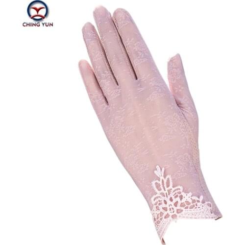New Summer ice silk sun protection gloves for women ultraviolet-proof thin medium long Driving slip touch screen lace gloves