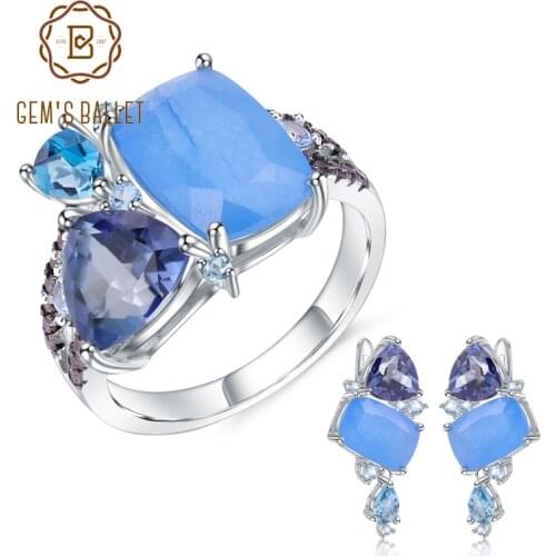 GEMS BALLET Natural Aqua-blue Calcedony Geometric Casual Jewelry 925 Sterling Silver Ring Earrings Jewelry Set For Women Gift