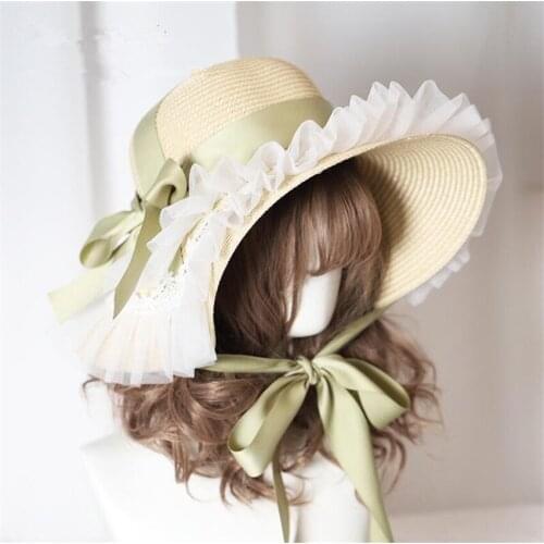Retro Lolita Handmade Straw Sun Hat Gorgeous Elegant Tea Party Cap Pastorale Style Bonnet BNT Hat D756