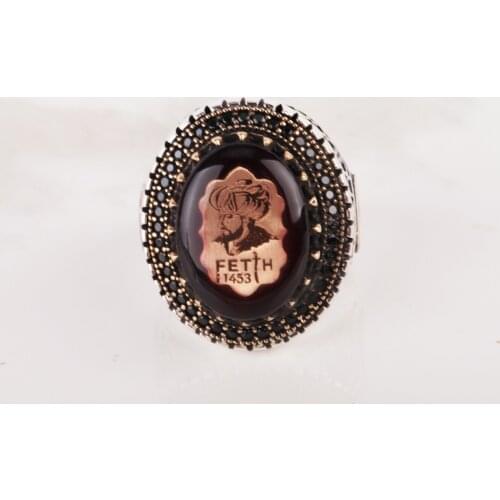 UM US JEWELRY Ottoman Tuğra Motif Amber Gemstone 925 Sterling Silver Men Ring