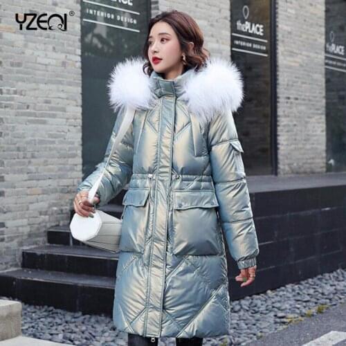 Yzeqi 2021 Fashion Winter Jacket Down Parkas Women Fashion Hooded Fur Collar Cotton Padded Jackets Thick Warm Glossy Long Thick