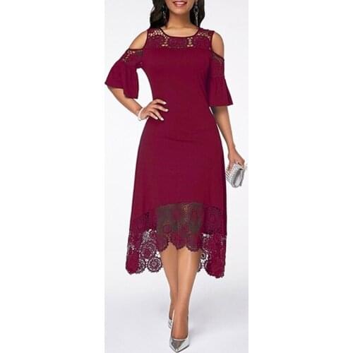 Women Sexy Solid Color Dress Lace Stitching Ladies Dresses Female Butterfly Sleeve Mid-calf Dress Ladies Spring Female Vestido