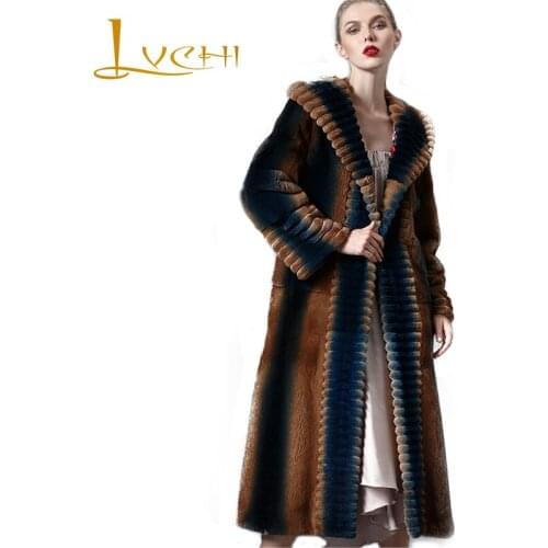 LVCHI Winter 2019 Mink Fur Coats Womens Hat Long Sleeve Coat Full Pelt Ruffles Neck Real Natural Fur X-Long Causal Mink Coats