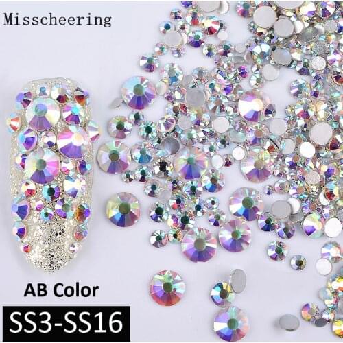 1Pack AB Color Mixed(SS3-SS16) Nail Art Rhinestones Silver Flatback Glass Crystal Gems Non Hotfix Glitter Decorations For Nails