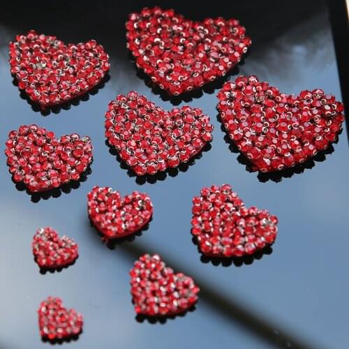 10pcs/lot Sew On Red Heart Rhinestones Patch Green Star Applique Crystal Beaded Patches Fashion Clothing Bags Decoration