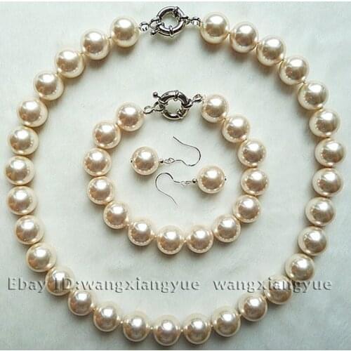 12mm White South Sea Shell Pearl Necklace bracelet Earrings Jewelry Set AAA