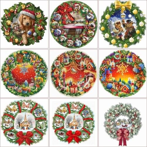 5D DIY Diamond Painting Christmas Wreath Full Square Cross Stitch Diamond Embroidery Mosaic Cartoon Art Winter Handmade Gift