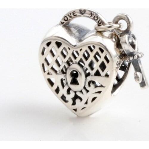 Bewill Hot Sale 925 Sterling Silver Hollow heart-shaped lock head charm Fit Original Bracelet Women Jewelry Making Gift