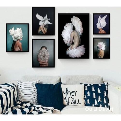 No frame modern feather nude girl canvas printings oil painting printed on canvas modern coffee wall art decoration picture