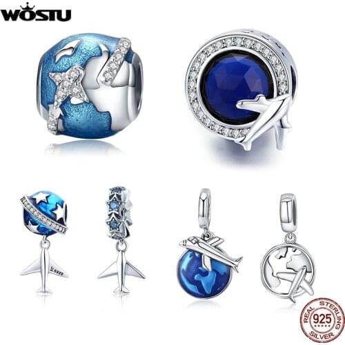 WOSTU Travel Around World Charms 100% 925 Sterling Silver Airplane Blue Beads Fit Original Bracelet Pendant DIY Necklace Jewelry