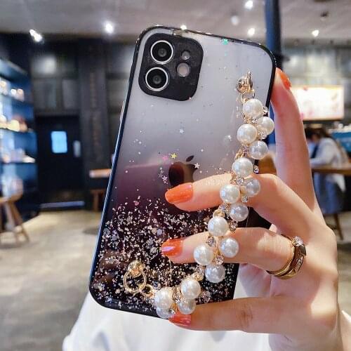 Gradient Glitter Star Pearl Chain Case For Samsung S21 S20 FE A52 A72 A51 A71 A32 A21S A50 A31 Note 20 Ultra Soft Back Cover