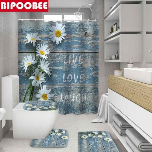 Wooden Board White Flowers Bathroom Set Waterproof Polyester Shower Curtain Home Decoration Pedestal Bath Mats Non-slip Carpet