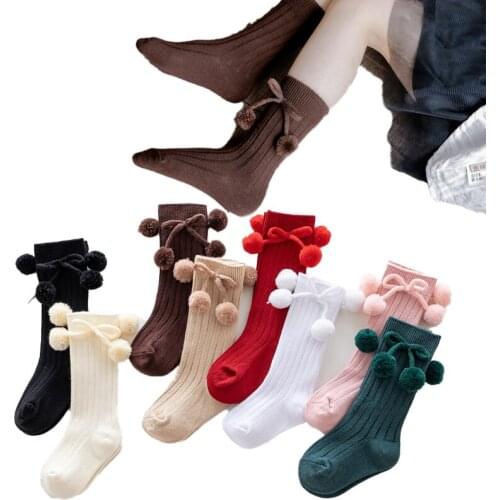 Aodrable Pompom Baby Socks Spring Fall Cotton Ribbed Knee High Long Socks for Toddler Girls Leg Warmers Children Christmas Socks
