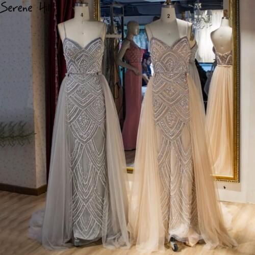 Dubai Grey Luxury Sleeveless Evening Dresses 2020 Mermaid Diamond Beading Sexy Formal Dress Serene Hill LA70042