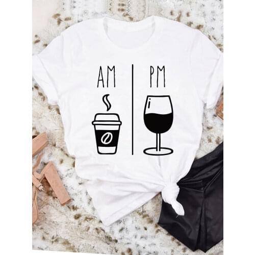 Fashion AM Coffee PM Red Wine Print T Shirts Women Tshirt Harajuku Funny Tee Summer Women Tops Female Short Sleeve T-shirt
