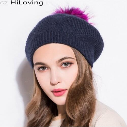 GZhilovingL Winter Women Beanies Hat With Fur Pompom Knitted Hat Soft Warm Beret Wool Fur Cap Hat 2017 Femal Winter Beanie Hats