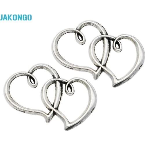 JAKONGO Antique Silver Plated Vintage Double Hearts Connectors Charms Pendants for Jewelry Making DIY Handmade Craft 23x31mm