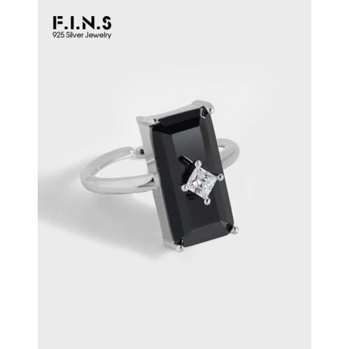 F.I.N.S Luxury 100% S925 Sterling Silver Ring Open Adjustable Black Rectangle Cubic Zirconia Wedding Band Geometric Finger Rings