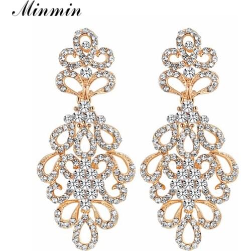Minmin Luxury Flower Gold Color Crystal Bridal Long Earrings for Women Wedding Party Drop Earrings Femme Pendant Jewelry EH177
