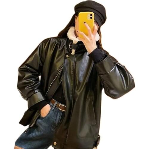 Fashion Motorcycle Clothing Womens Winter 2021 New Lamb Fur Korean Version Loose Short Plus Velvet Warm Leather Jacket